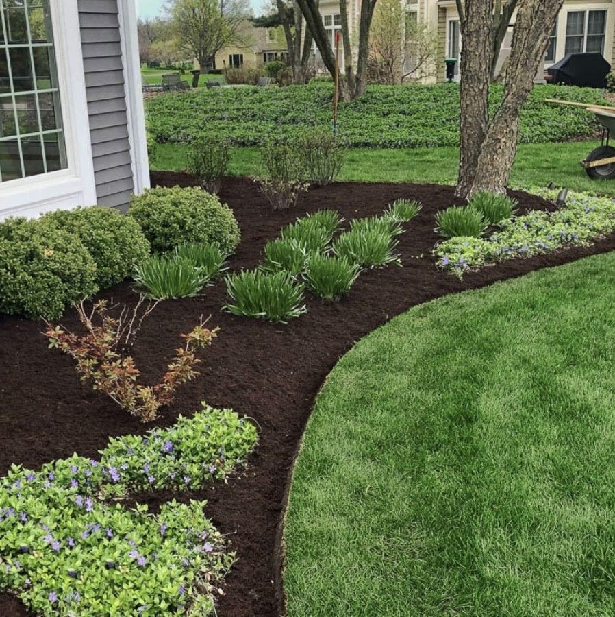A lush green yard with a house in the background and a lawn mower in the foreground.