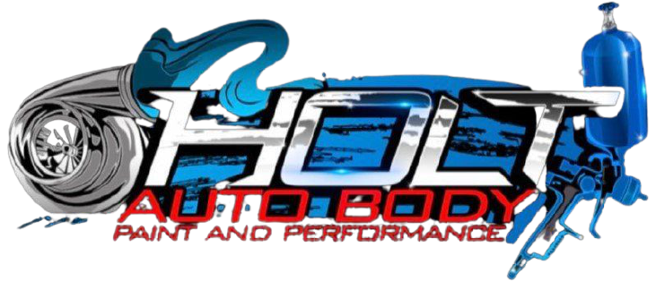 Logo for Holt Auto Body, with text, a turbine, and a paint sprayer.
