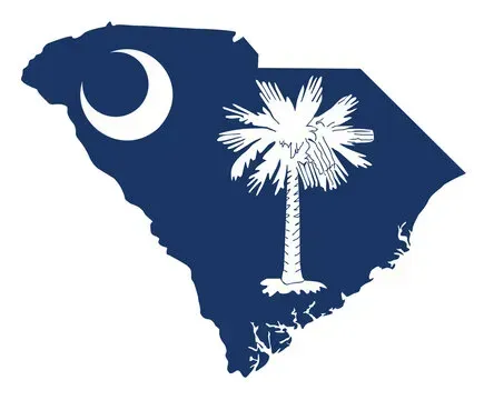 A map of south carolina with a palm tree and a crescent moon