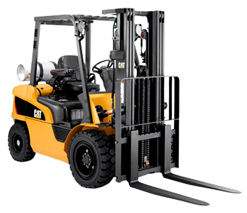 Carretilla elevadora CAT amarilla con horquillas negras, neumáticos y un tanque de propano, al aire libre.