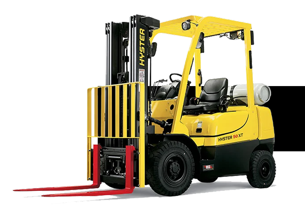 Carretilla elevadora Hyster amarilla con horquillas rojas y neumáticos negros en un entorno de almacén.