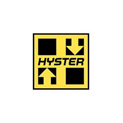 Logotipo de Hyster: cuadrado amarillo con flechas y cuadrados negros, texto 