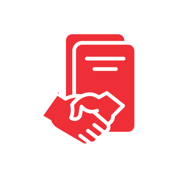 Apretón de manos rojo delante de dos páginas de documentos rojos, simbolizando un acuerdo.