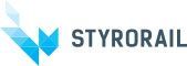 Logo de Styrorail, avec un motif géométrique bleu à côté du texte « STYRORAIl ».