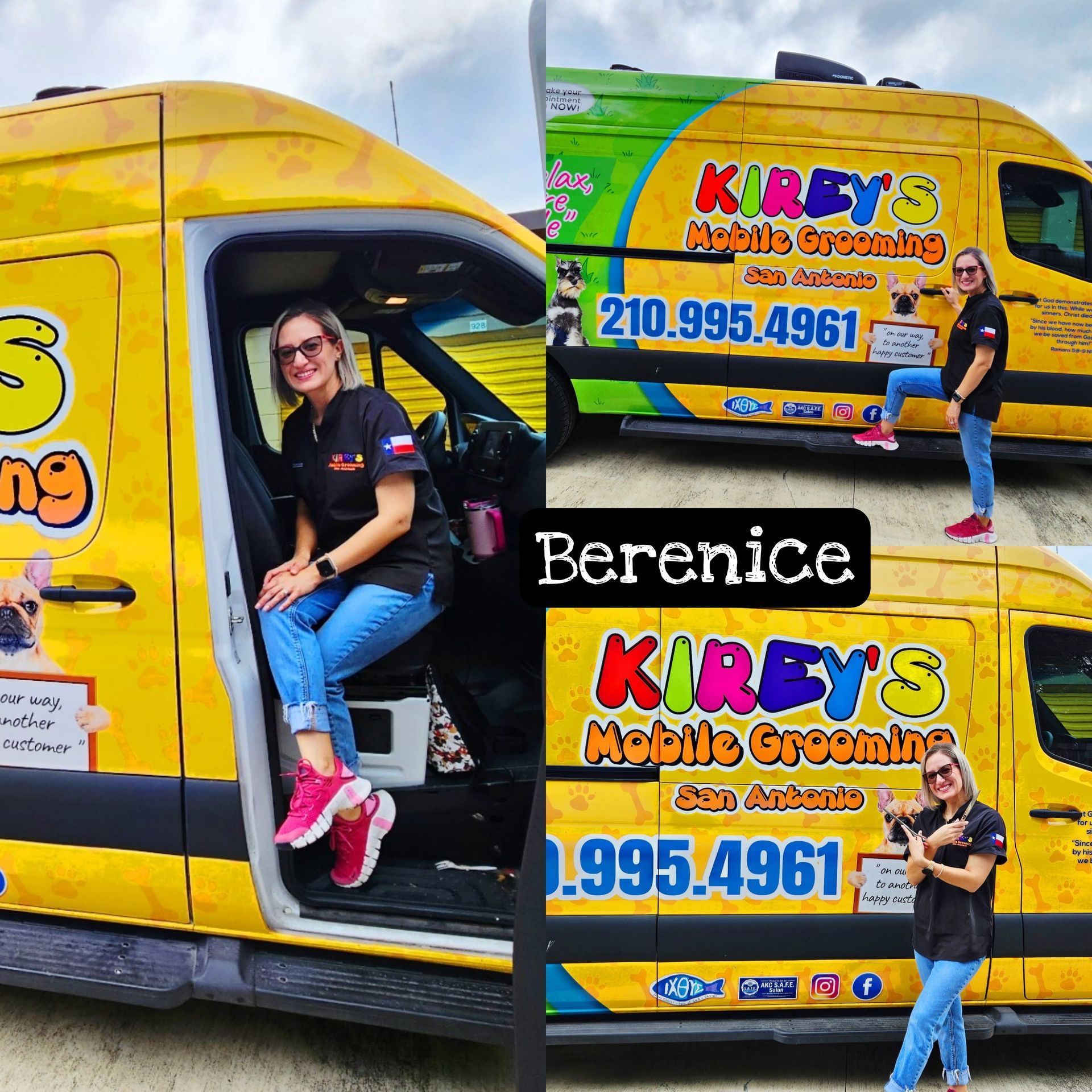 A woman is standing in front of a yellow van that says kirby 's mobile grooming