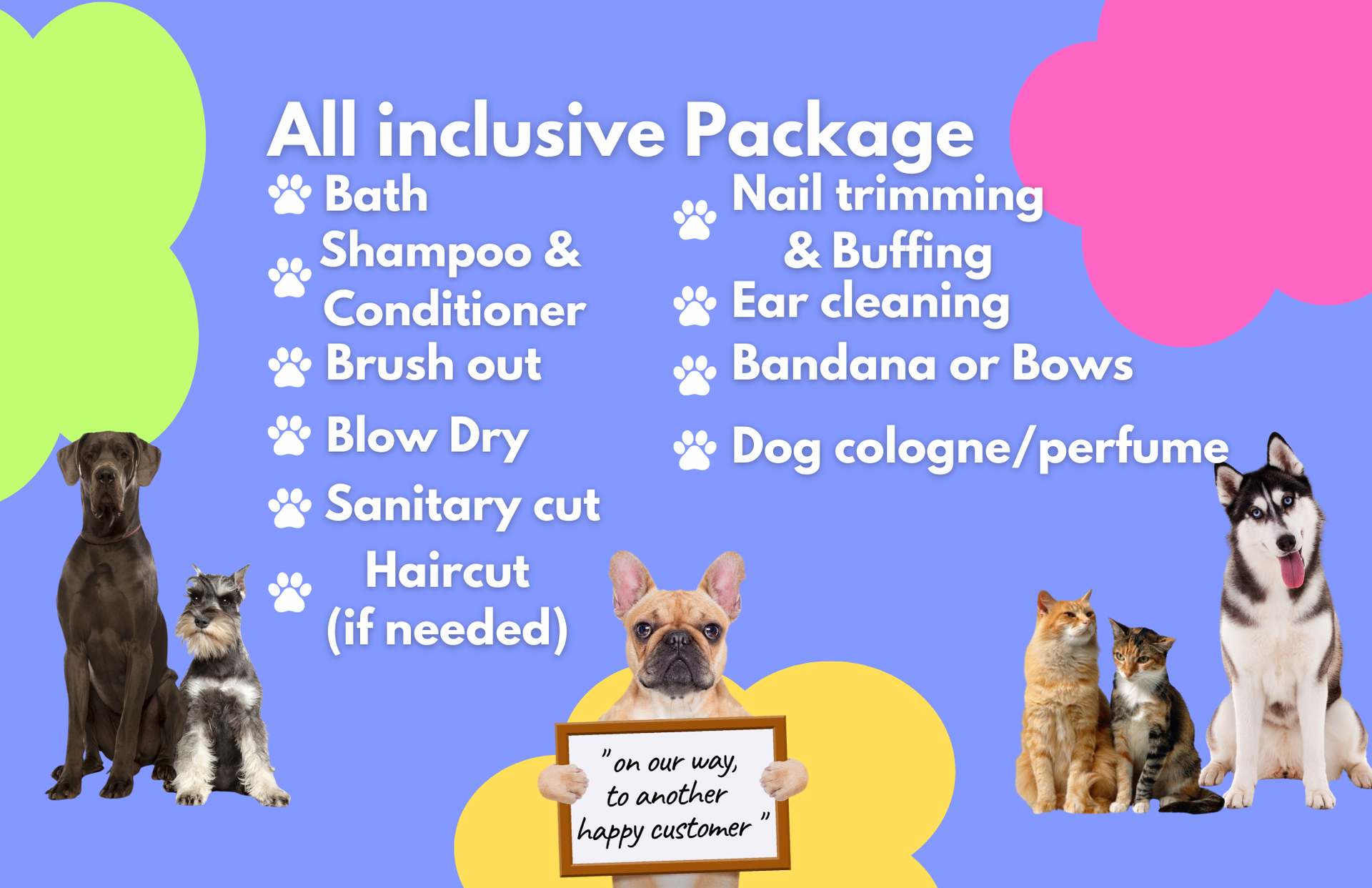 A dog holding a sign that says all inclusive package