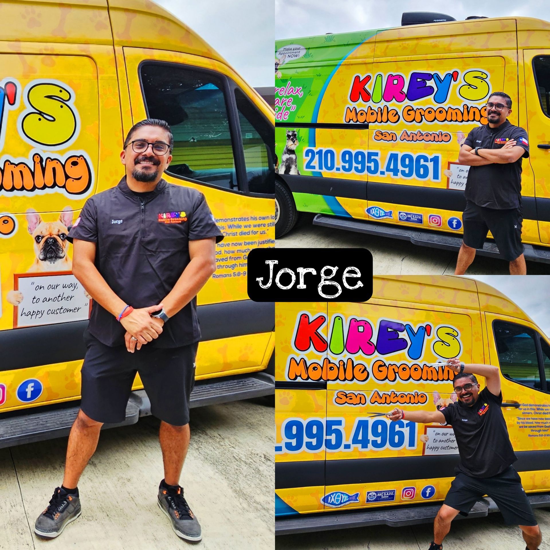 A man is standing in front of a yellow van that says kirby 's mobile grooming