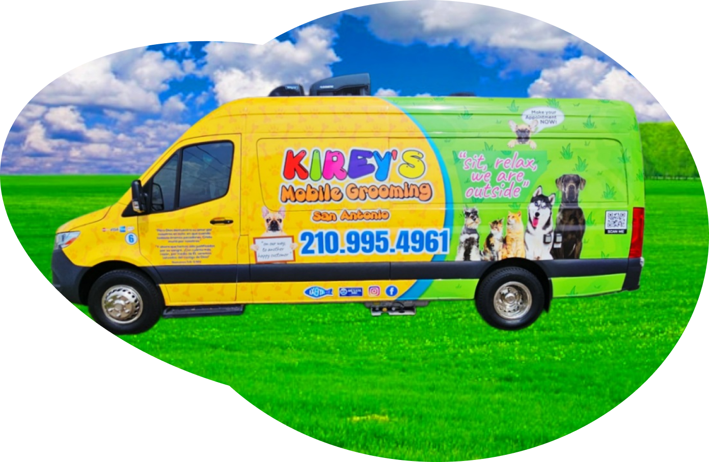 A yellow and green van is parked in a grassy field.