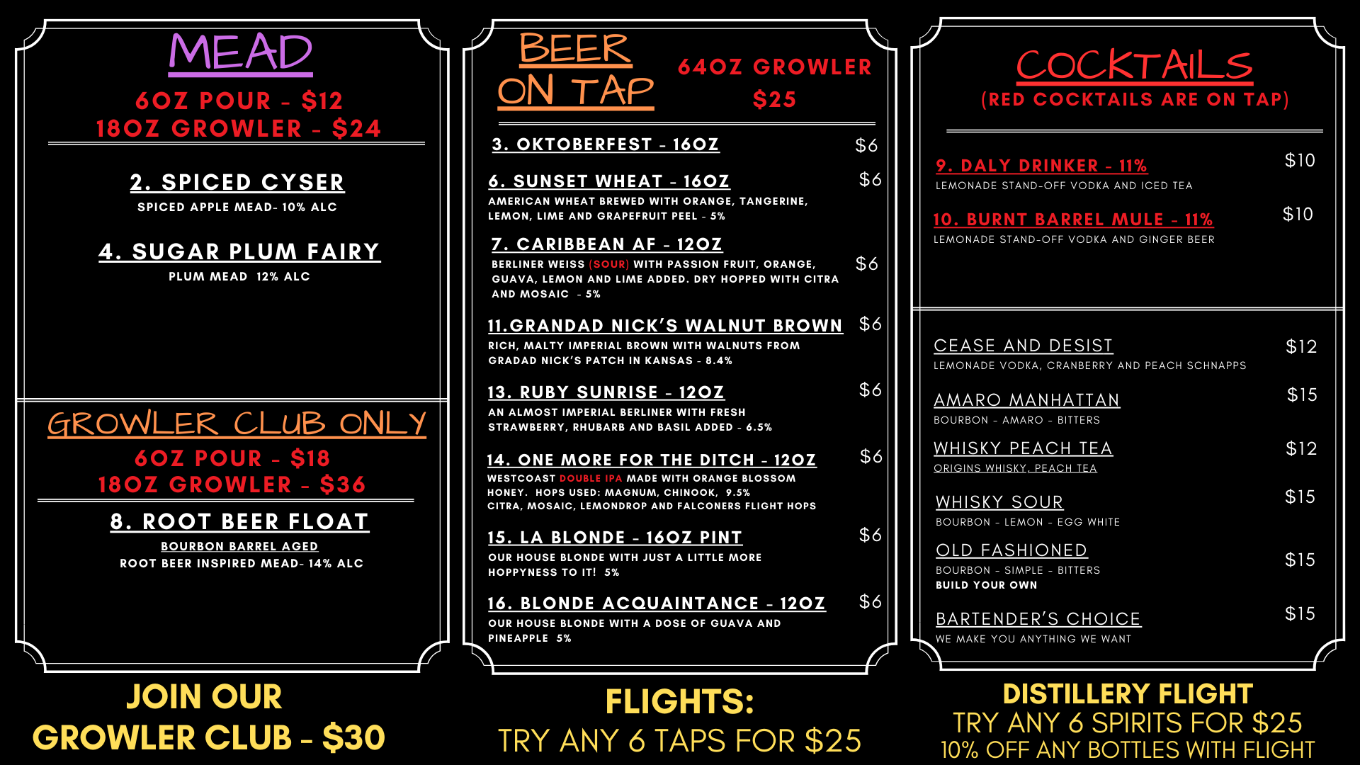 Menu List — Lake St. Louis, MO — Burnt Barrel Meadery & Distillery