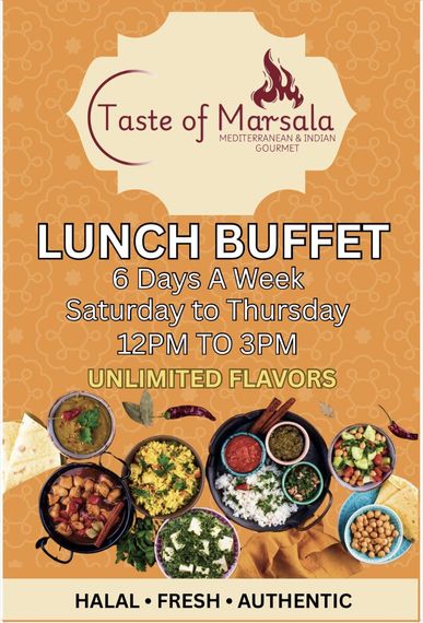 Taste of Marsala lunch buffet poster with curry dishes, orange background, and halal fresh authentic text