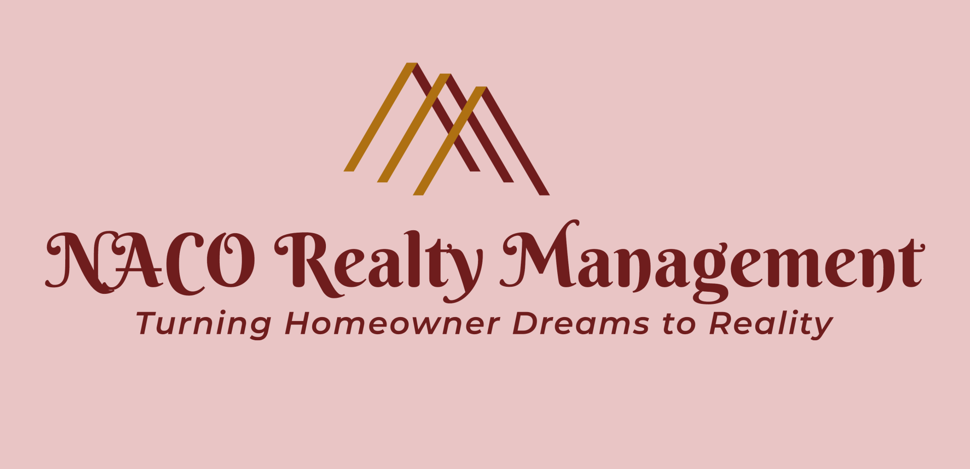 Logo for NACO Realty Management. Pink background. Brown text and graphics. Text says: