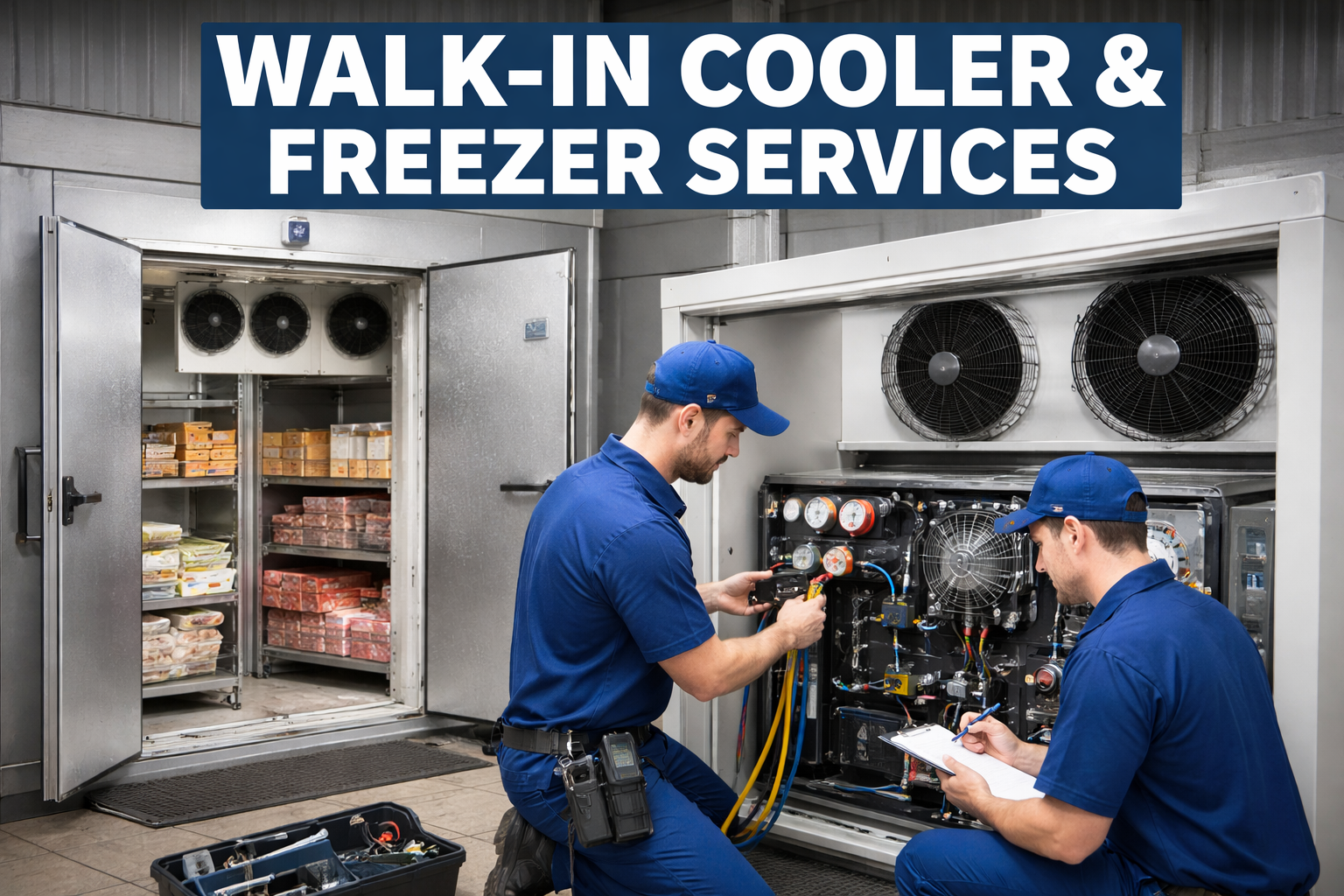 Two technicians servicing a walk-in cooler/freezer, one in the electrical panel, the other inside the unit.