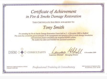 DSM Consultants Fire and Smoke Restoration Certificate