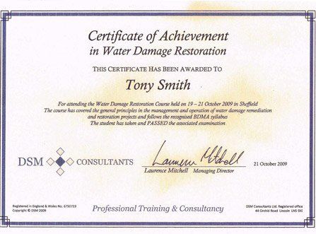 DSM Consultants Water Damage Restoration Certificate