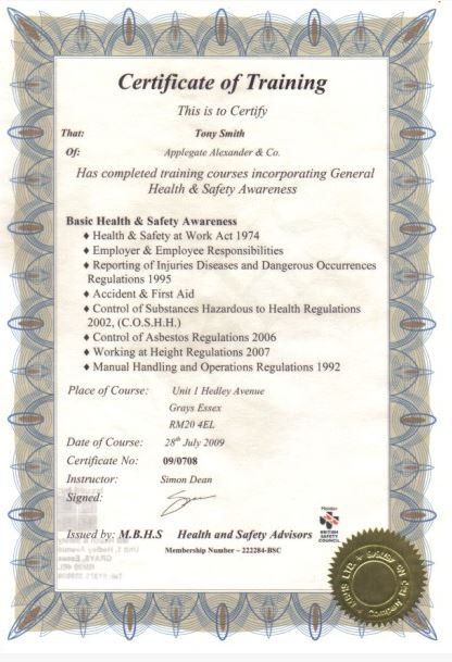 Health & Safety Training Certificate