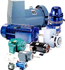 Assorted industrial electric motors and pumps in blue, green, gray, and white on a white background