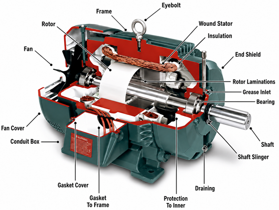 A diagram showing the parts of an electric motor