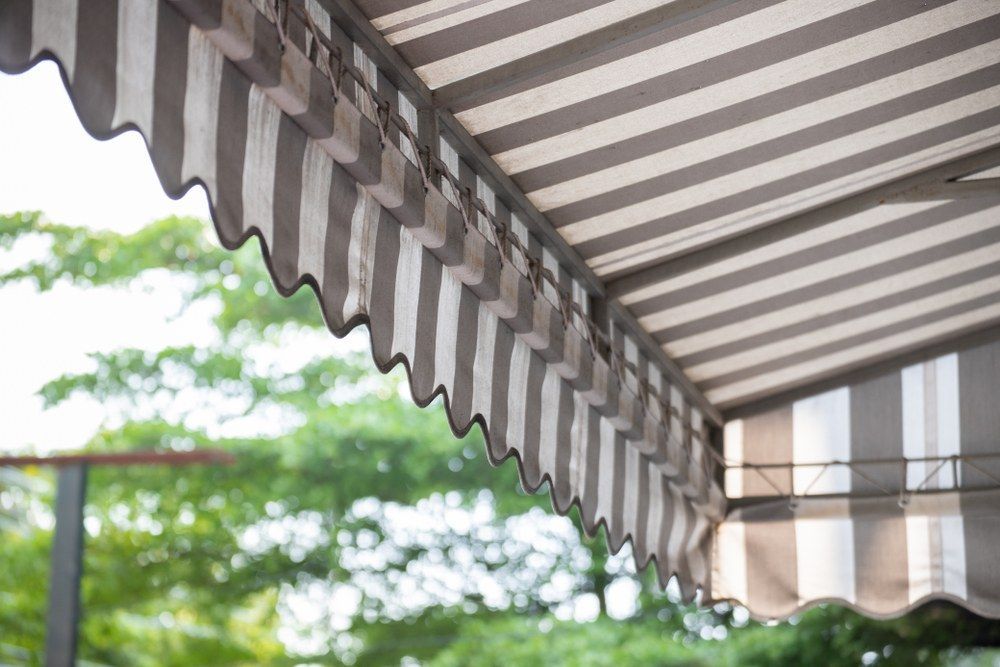 Striped Awning With Scalloped Edge, Shades A Building's Exterior With Green — Canobolas Canvas In Orange, NSW