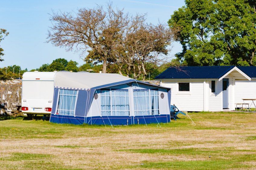 Blue And White Camper Awning, Next To A White Trailer — Canobolas Canvas In Orange, NSW