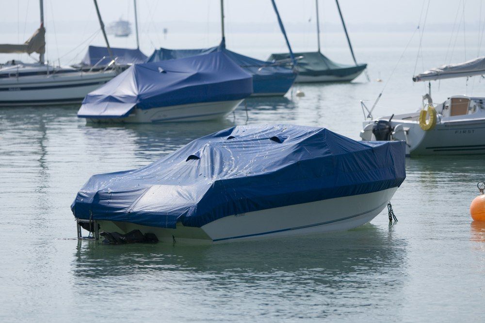 Boats At A Harbor, Mostly Covered In Blue Tarps — Canobolas Canvas In Orange, NSW
