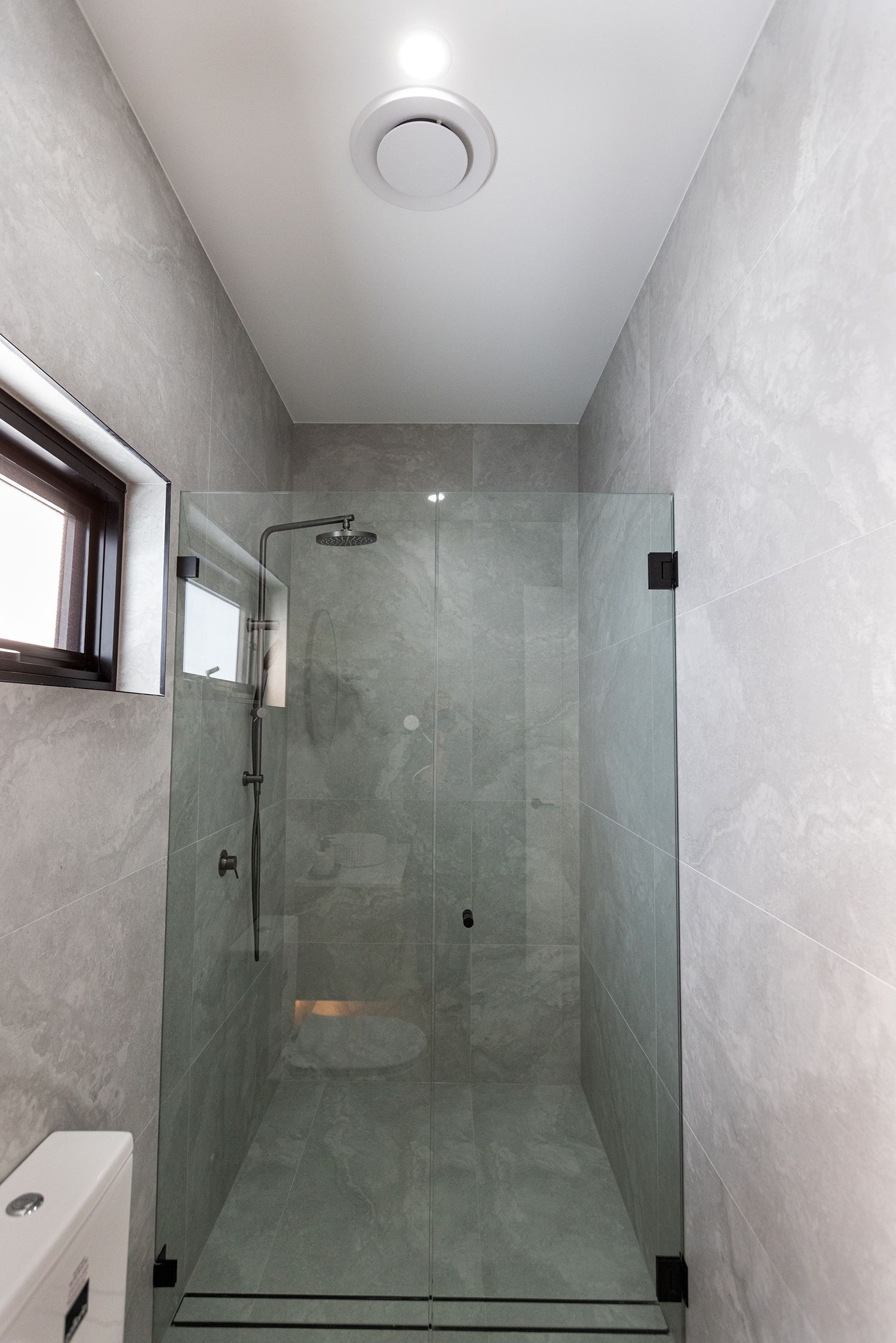 A bathroom with a walk in shower and a toilet.