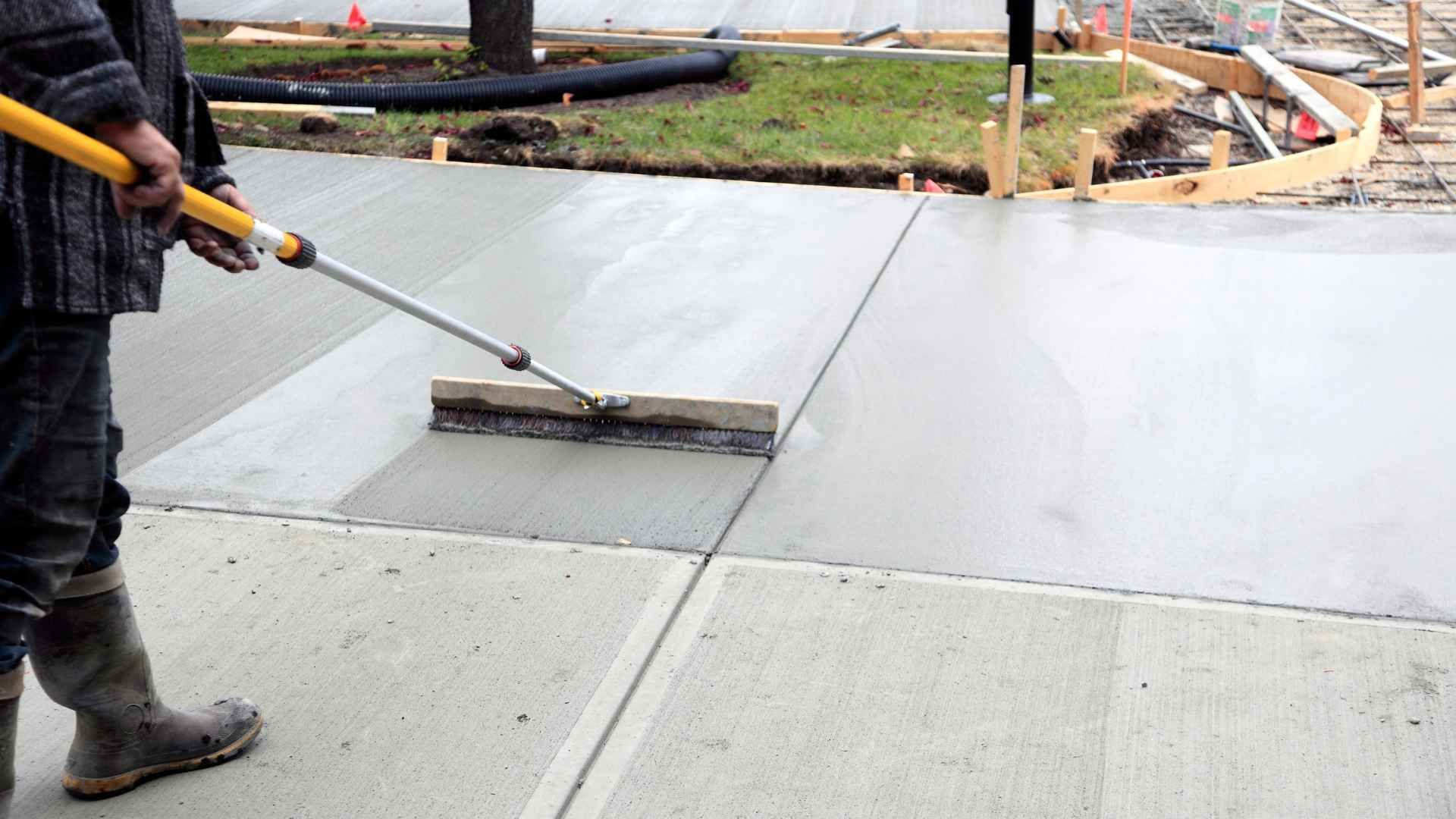 A man using a trowel to smooth and finish a concrete wall surface.