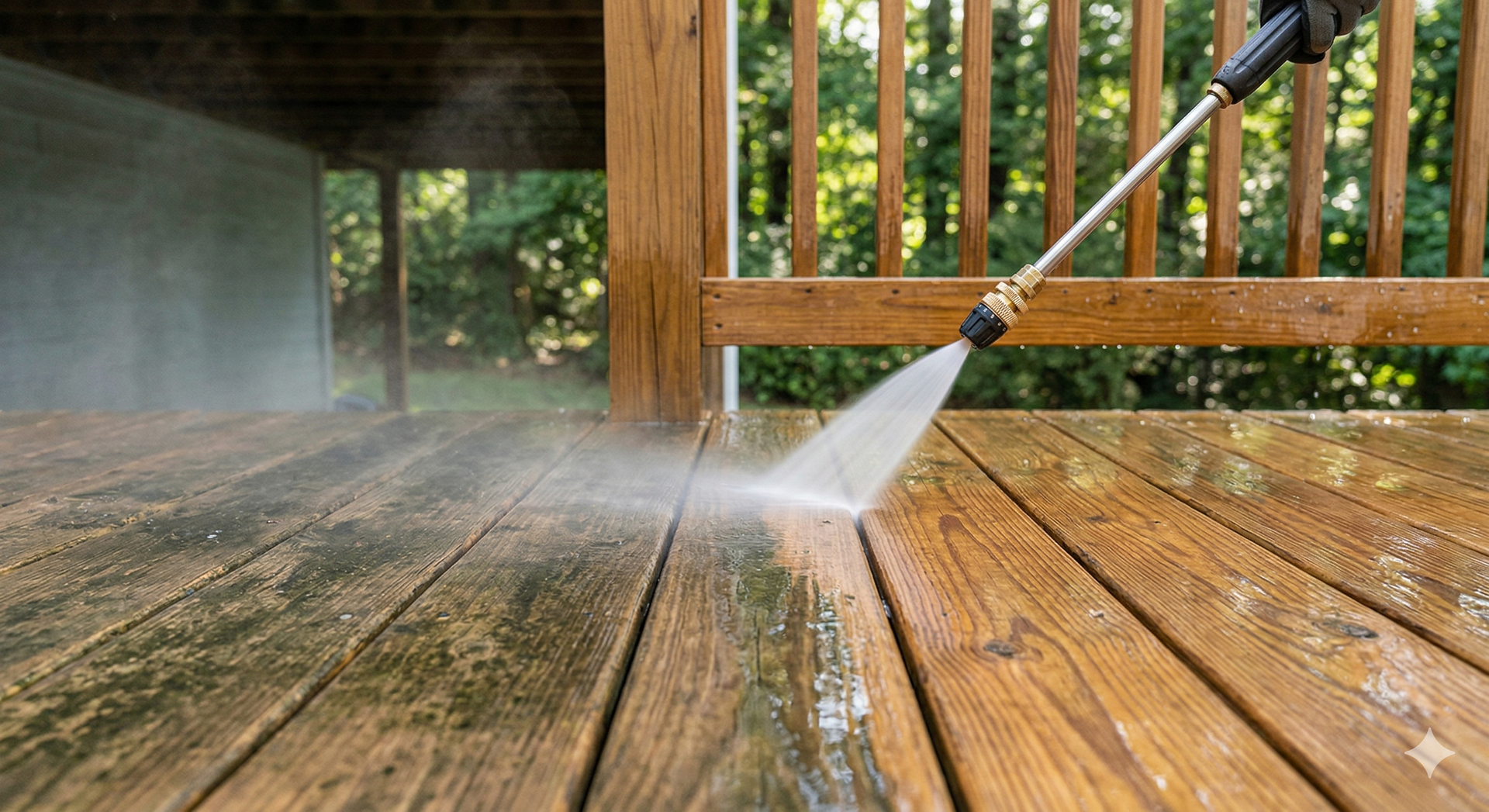 A pressure washer sprays a stream of water onto a wooden deck, cleaning away grime to reveal the natural grain.