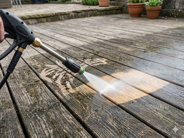 A hand uses a pressure washer to clean dark, weathered wooden deck planks, revealing the lighter, clean wood underneath.