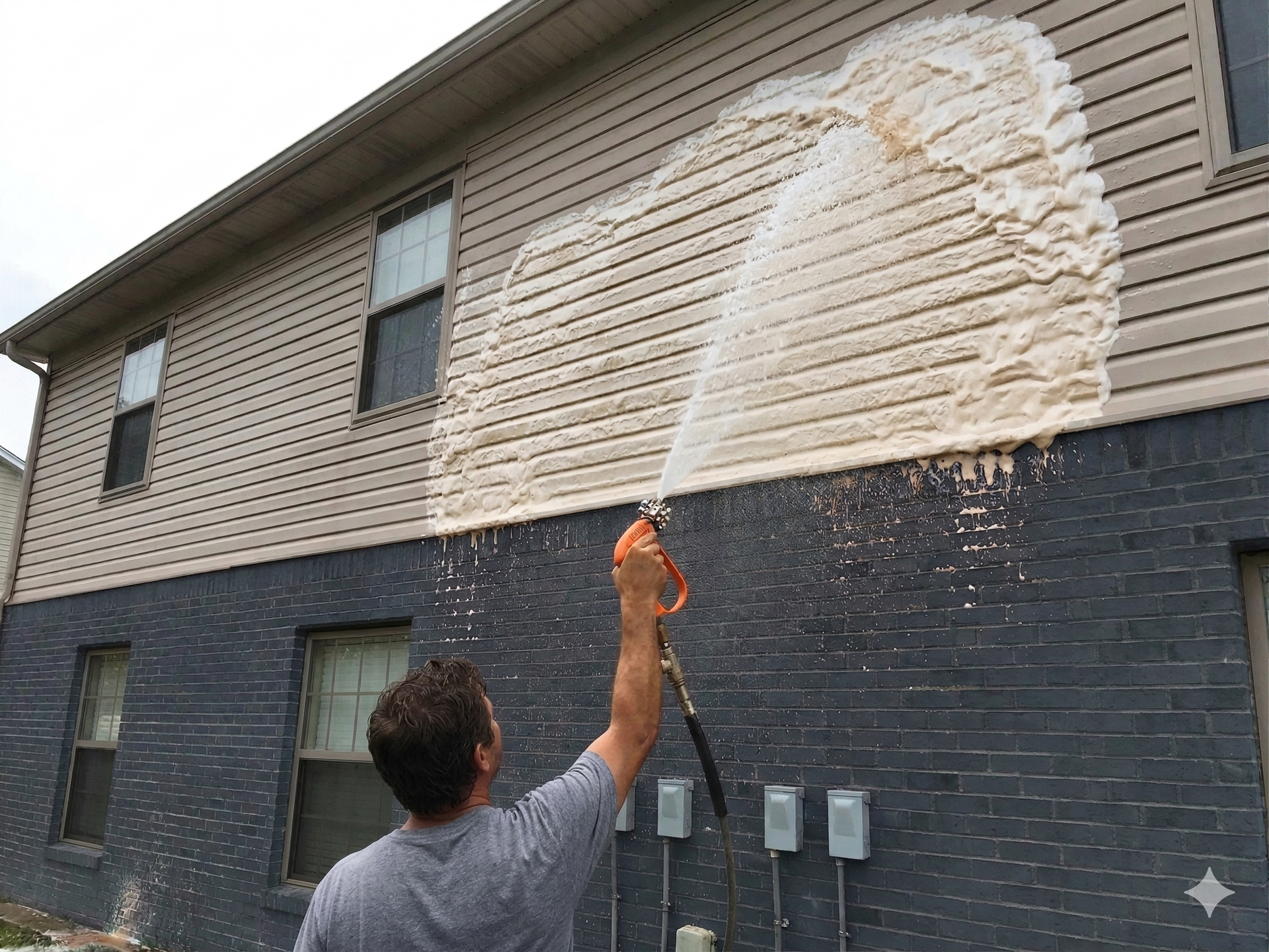 A person uses a pressure washer to spray cleaning foam onto the beige siding of a house above a dark gray brick wall.