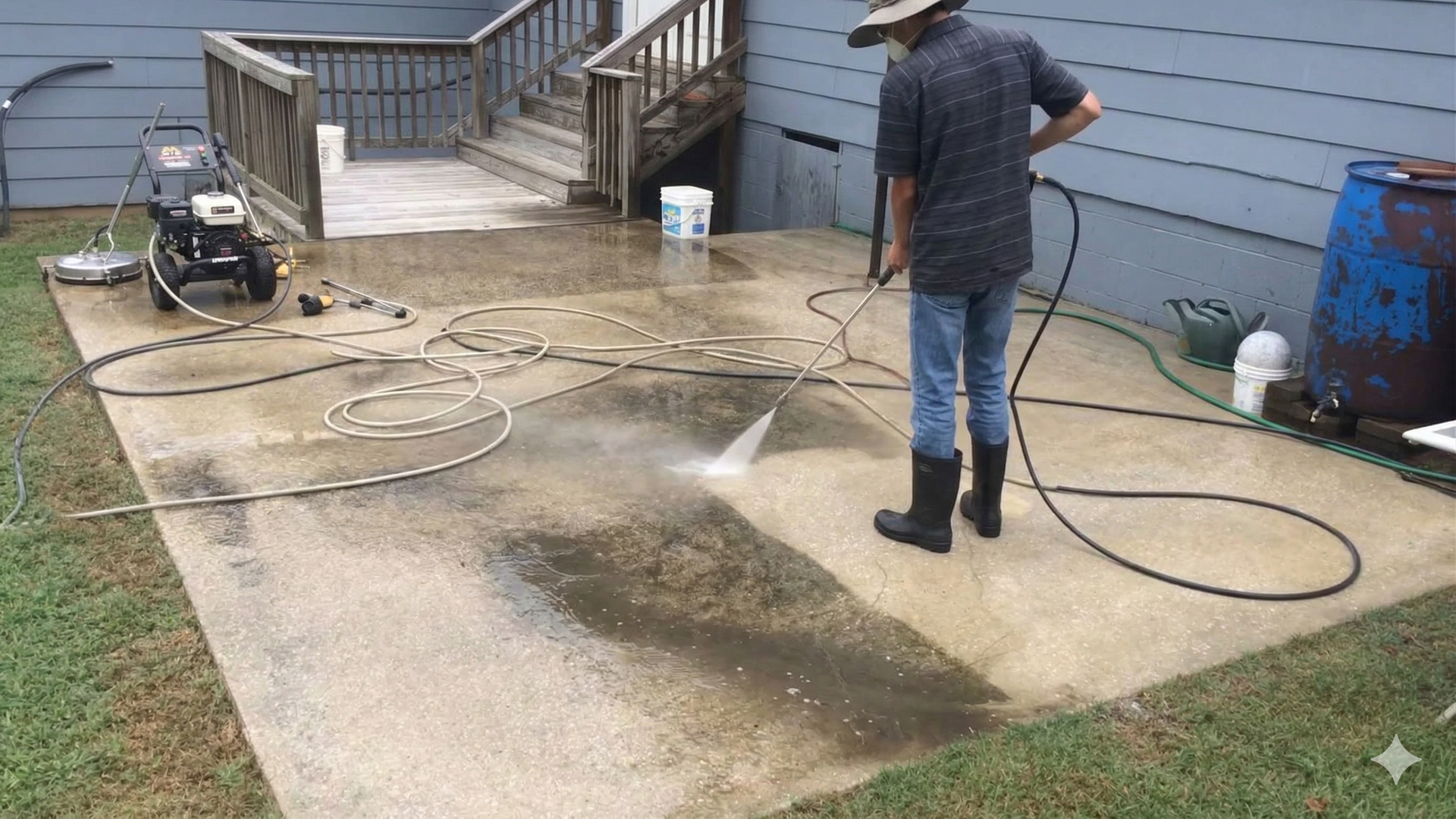 A person in boots pressure-washes a dirty concrete patio next to a house with blue siding.