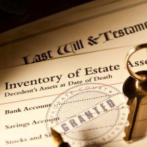 Will and testament with an inventory of estate, granted stamp, and keys.