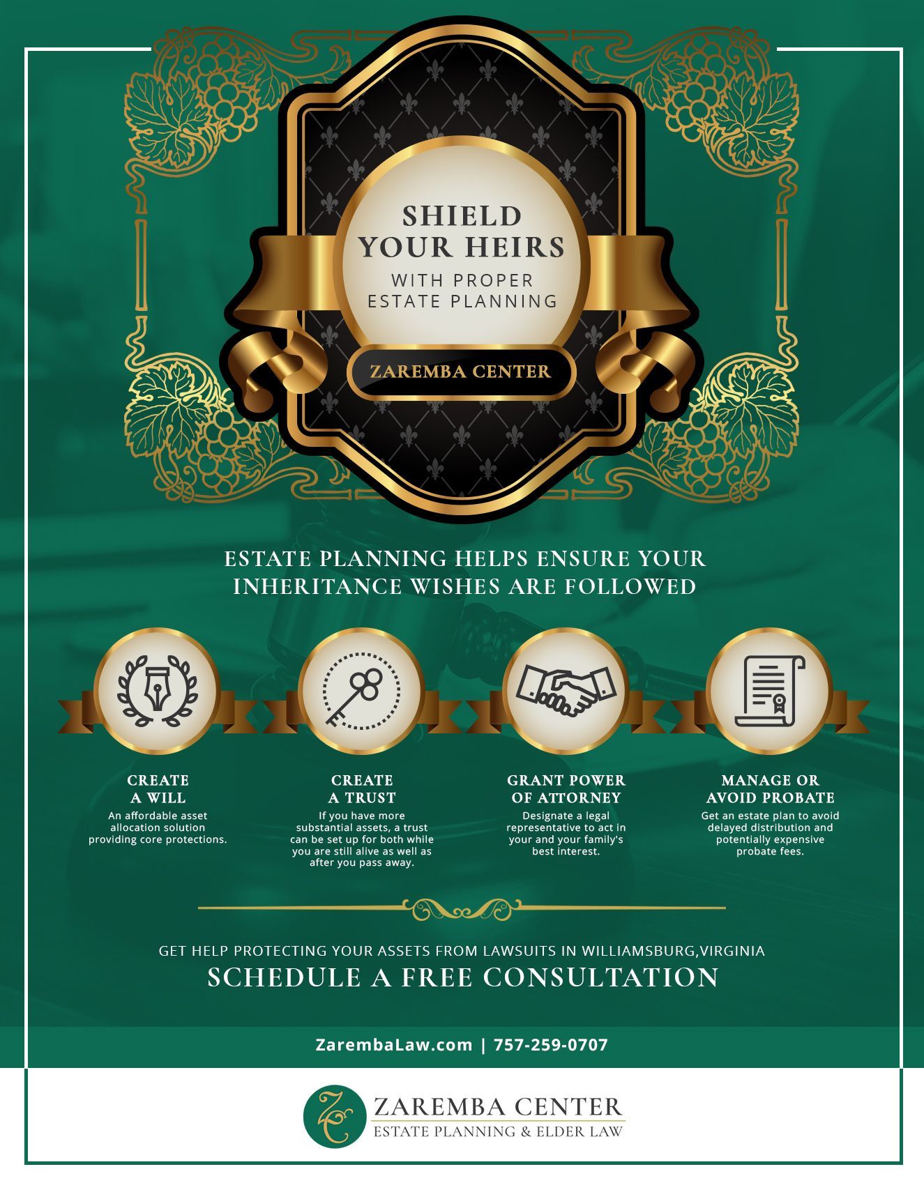 Estate planning ad. Dark green background with gold accents. Shield Your Heirs