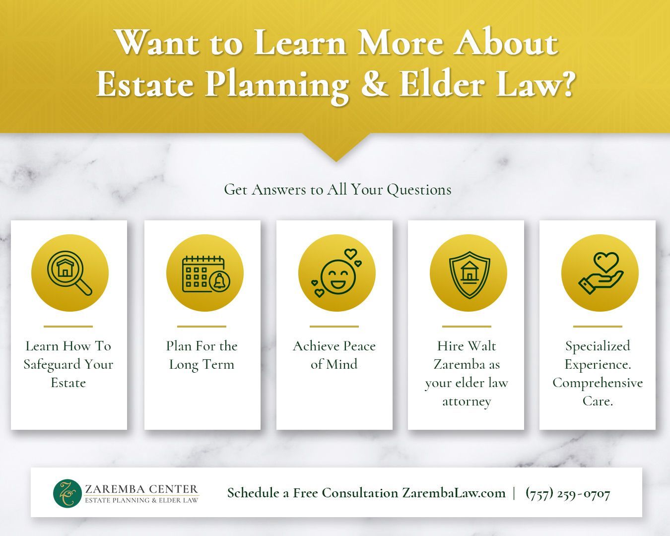 Advertisement for estate planning and elder law services, with icons and text.
