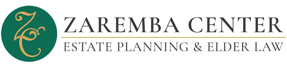 Logo for Zaremba Center, Estate Planning & Elder Law. Dark green circle with gold "ZC" inside. Dark text.