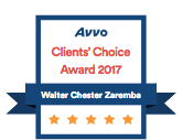 Avvo Clients' Choice Award 2017 for Walter Chester Zaremba. Blue, red, and gold award badge with 5 stars.