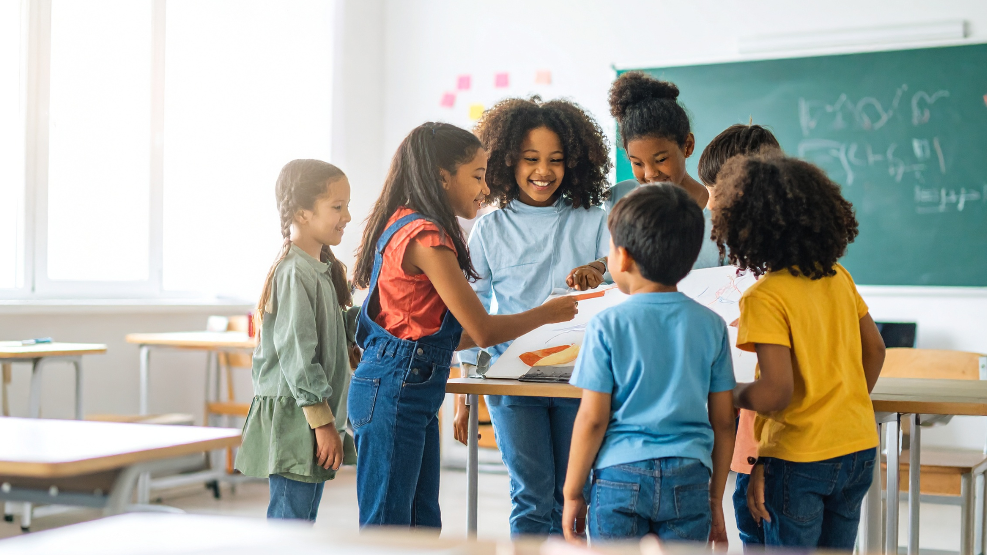 Children gathered around a table in a classroom, looking at papers.