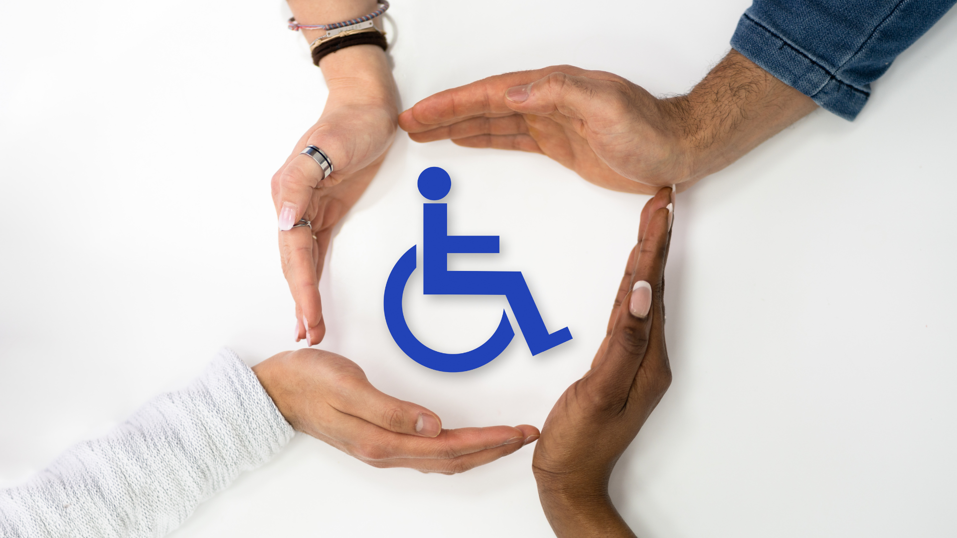 Four hands of diverse skin tones circle a blue wheelchair symbol on a white background.