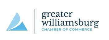 Logo for the Greater Williamsburg Chamber of Commerce. Features an abstract blue triangle and the name in black text.
