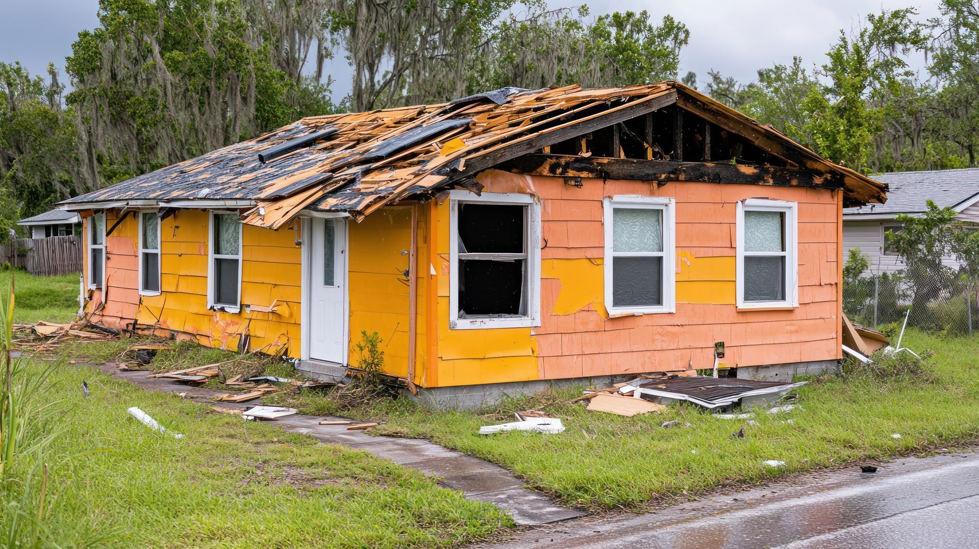 Damaged orange house with missing roof and debris, likely from a storm.