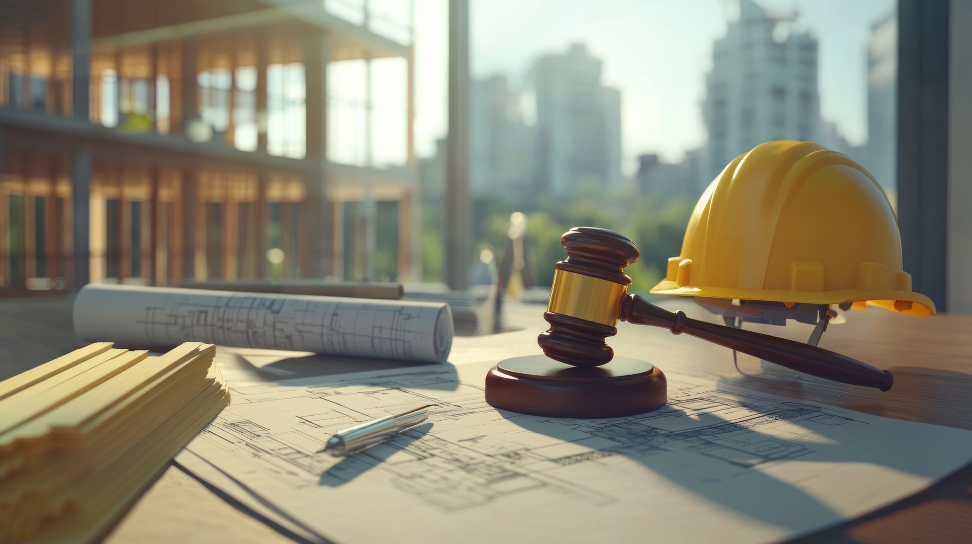 A construction scene: blueprints, gavel, yellow hard hat on a table with a building under construction in the background.