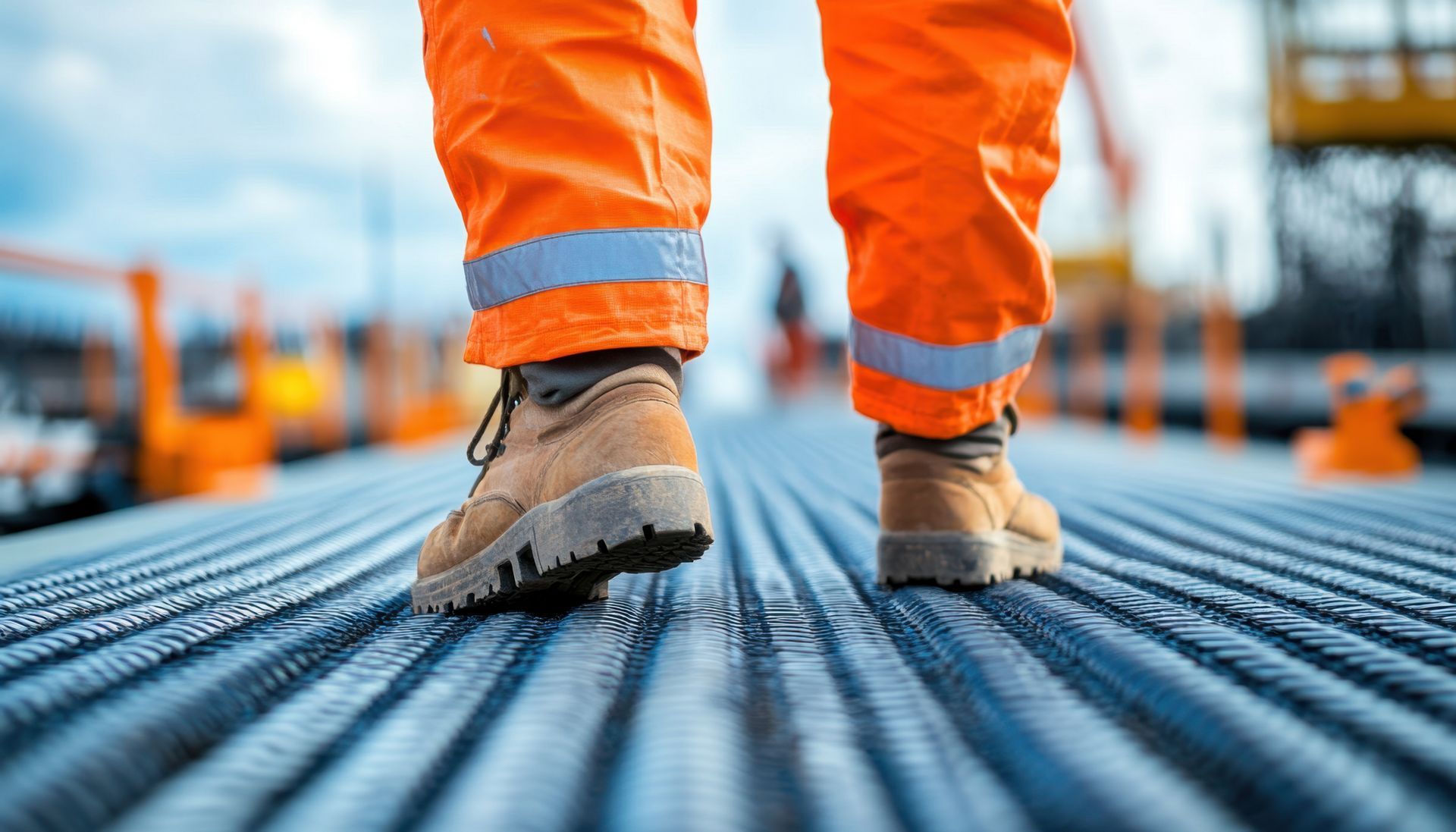 Worker in orange safety pants and work boots walking on metal rebar.