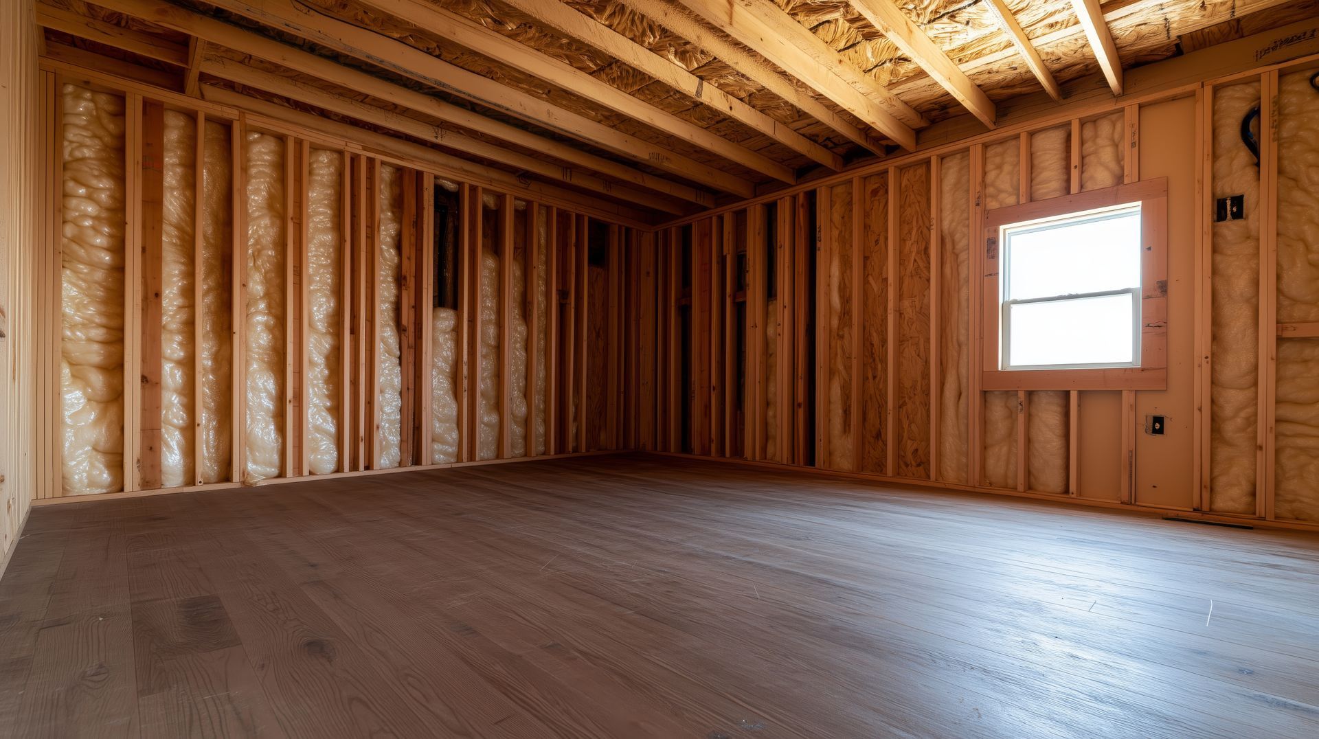 Unfinished room with wooden walls, floor, and ceiling; a window is on the right wall.