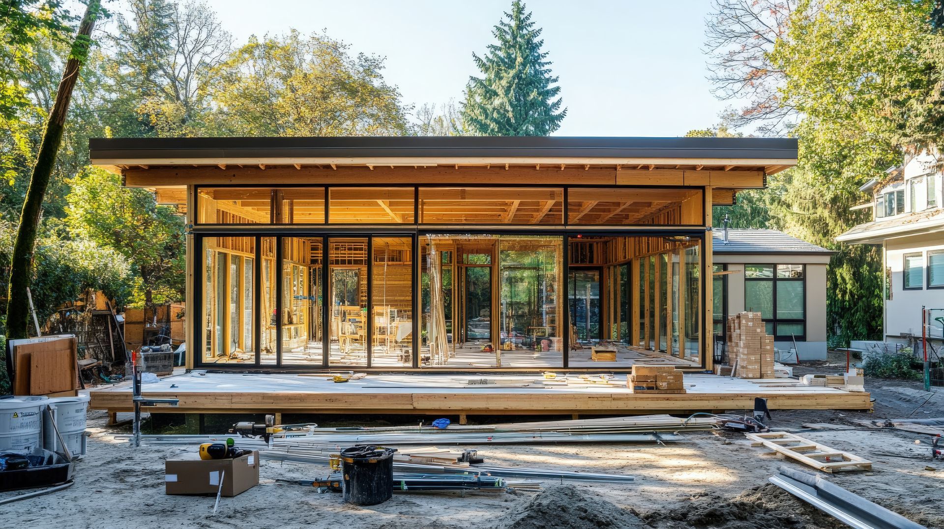 Modern wooden building under construction, with large glass windows and a flat roof, set in a wooded area.