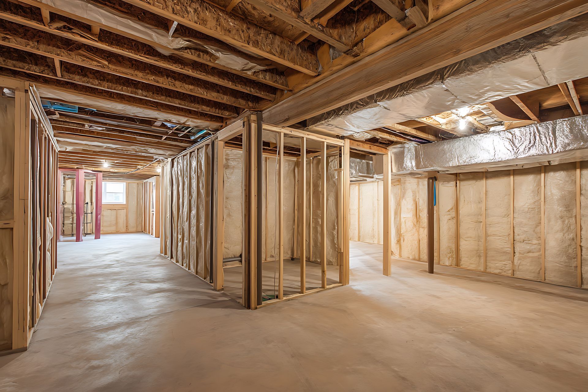 Unfinished basement with wooden framing, concrete floor, and exposed beams.