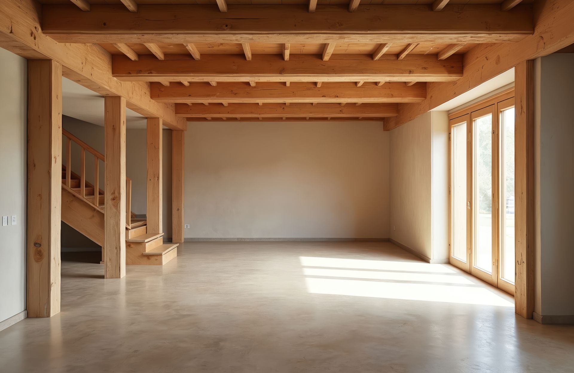 Empty room with wood beams, columns, and stairs. Sunlight streams through doors on the right.