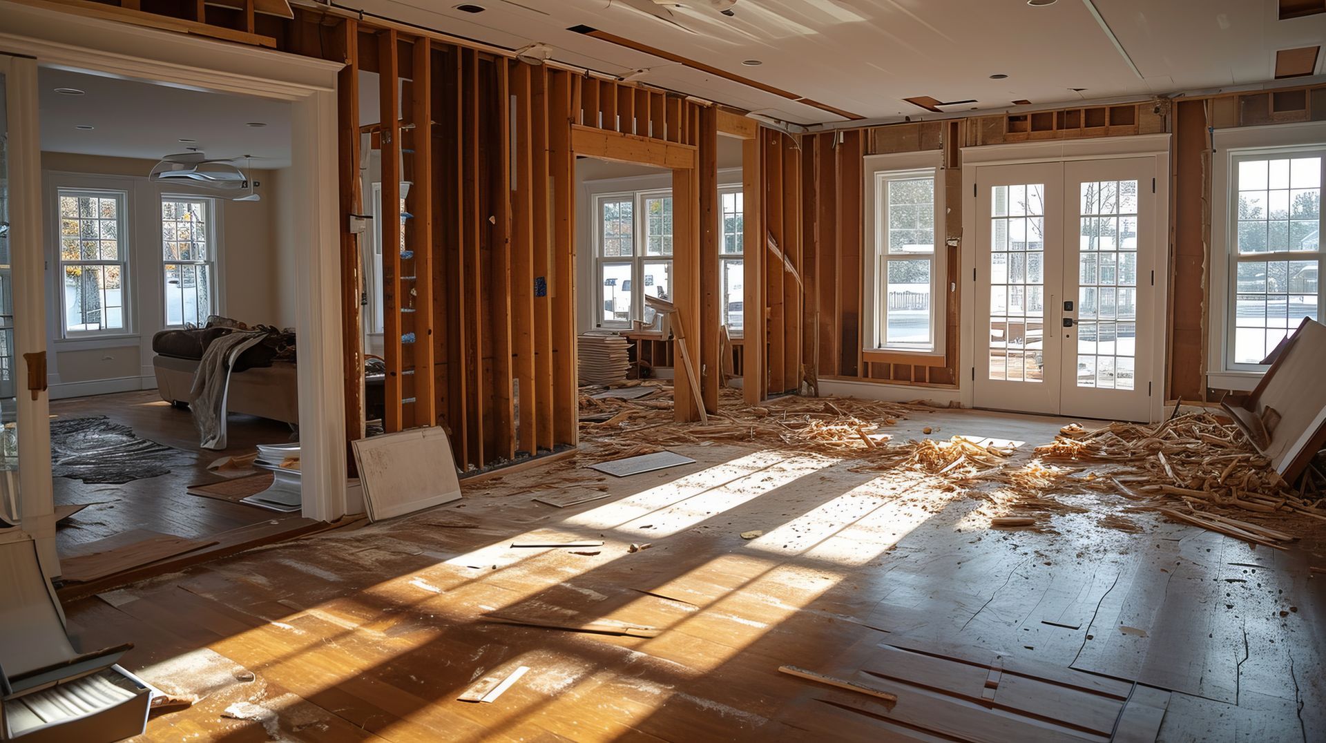 Interior of a house under renovation, walls stripped to studs, debris on wood floor, sunlight streams in through windows.