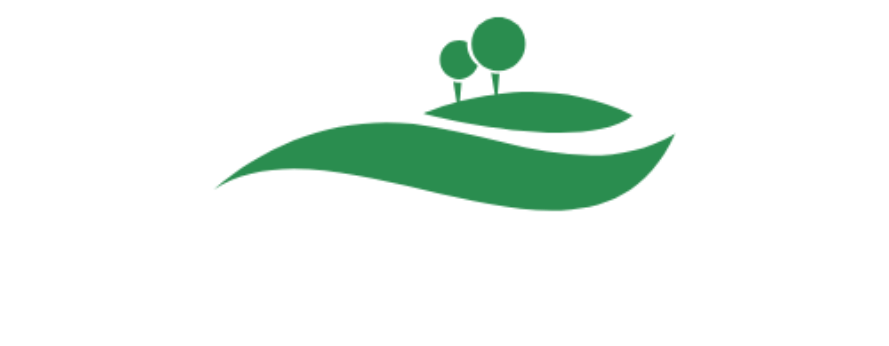A minimalist green logo depicting rolling hills with two stylized trees on top against a white background.