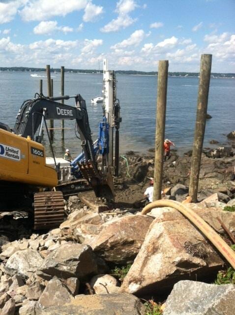 Rock socket installation for residential pier in Marblehead, MA