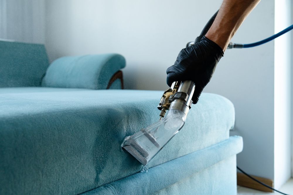 Person cleaning a blue sofa with a professional cleaning tool in a bright room.