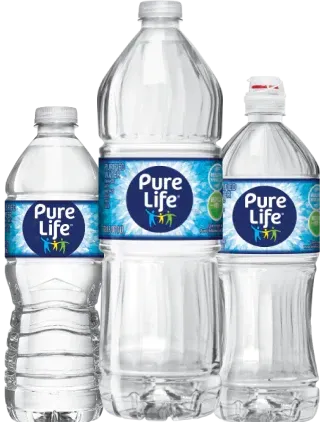 three bottles of pure life water are sitting next to each other .